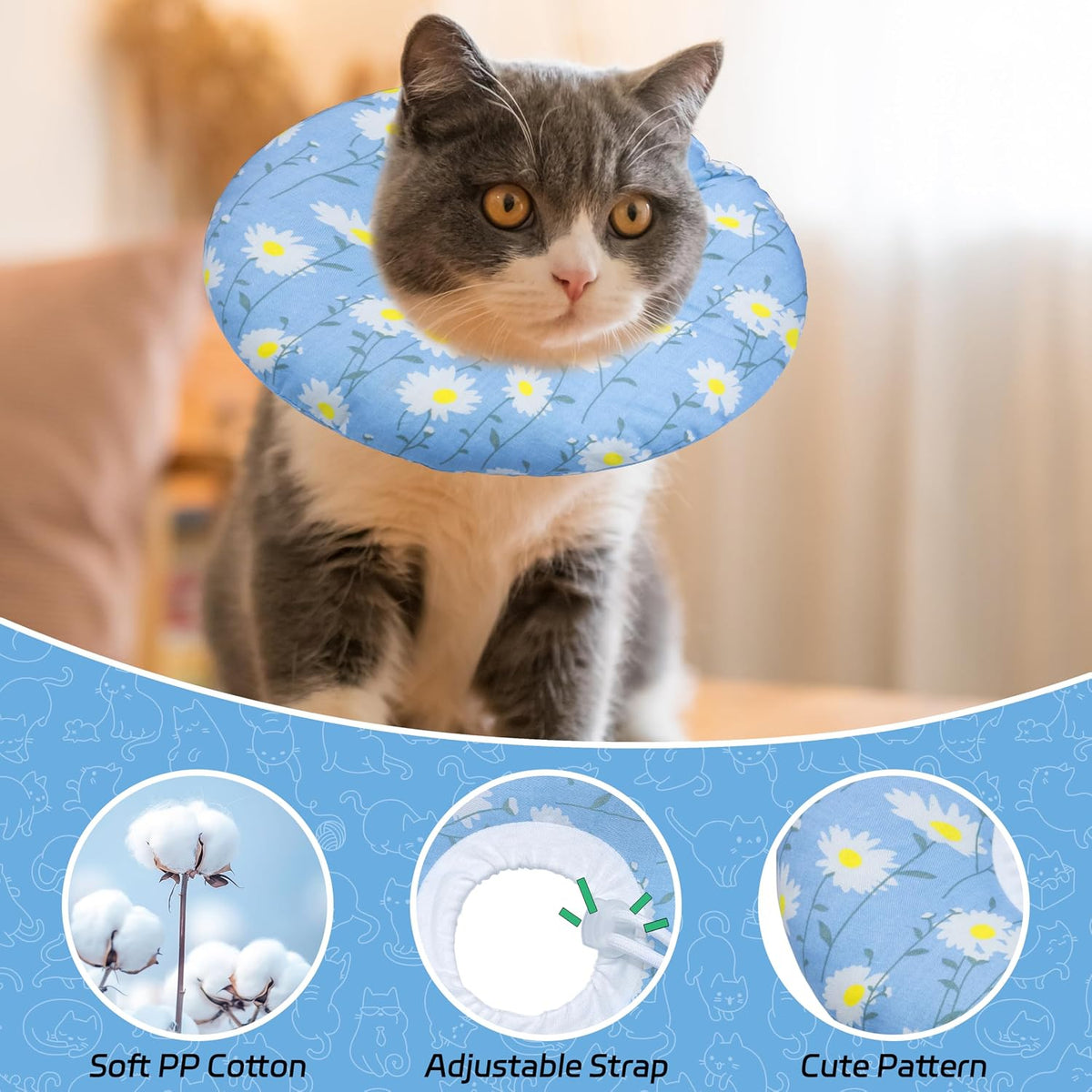 Seyezo Cat Cone Collar, Anti-Bite Cat Recovery Collar, Blue Daisy, Large