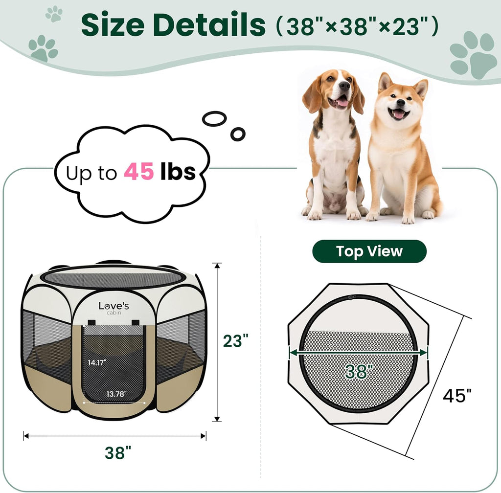 Love's cabin Pet Puppy Dog Playpen, Large Dog Tent Crates Cage Indoor/Outdoor, Portable Playpen for Cat, Foldable Pop Up Dog Kennel Playpen with Carring Case, Removable Zipper Top, Khaki