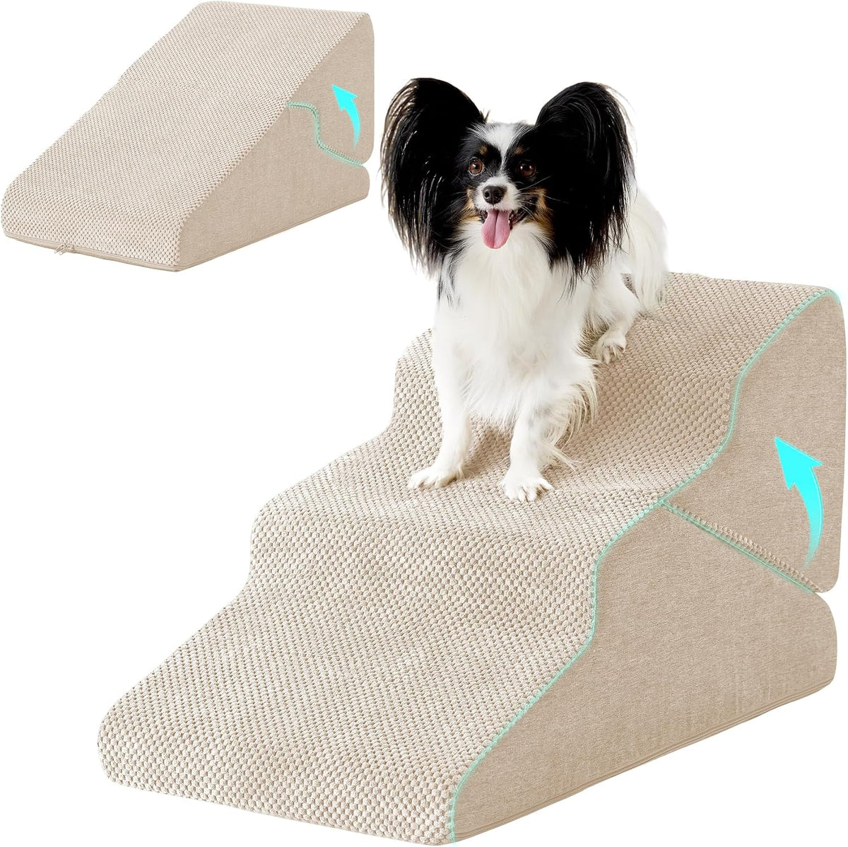 Ahpmeoa Dog Stairs for Small Dogs 16’’ H, 3-Step Dog Steps for Bed, Beige