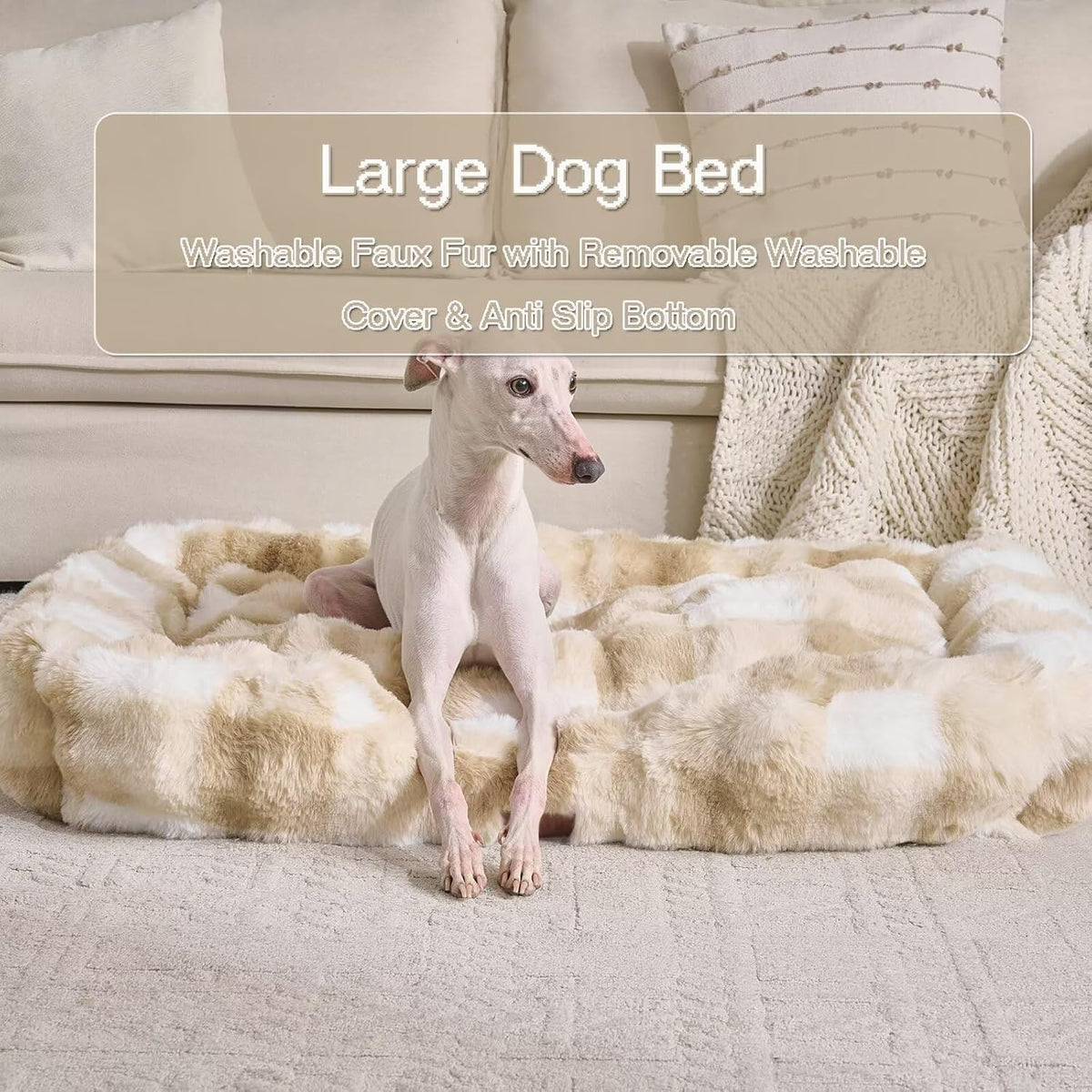 Washable Orthopedic Dog Bed,Rectangle Fleece & Luxury Pet Bed with Removable Zipper Cover & Anti-Slip Bottom,Suitable for Medium Large Dogs,30x25x7.5inches,Cream and Came