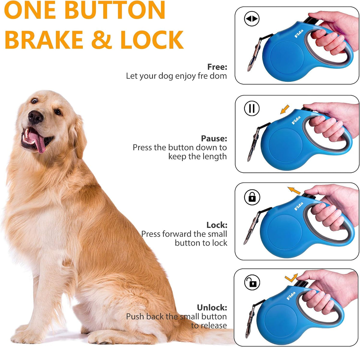 Fida Retractable Dog Leash with Dispenser and Poop Bags, 16 ft, Blue