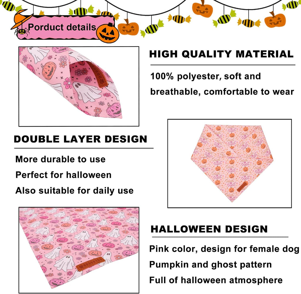 ADOGGYGO Pink Halloween Dog Bandanas Girl, Ghost Pumpkin Dog Scarf, Small