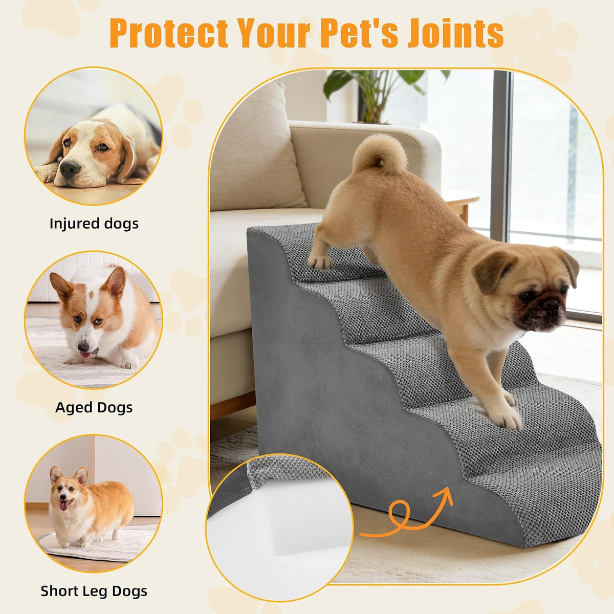 5-Step Dog Stairs for Large Dogs and Cats, 22in H Dog Steps, Gray