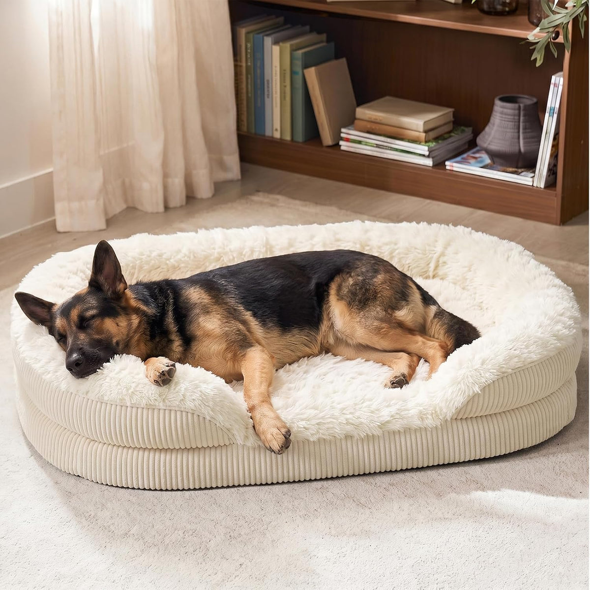 INVENHO Fluffy Orthopedic Dog Bed for Extra Large Dogs, XXL Egg-Crate Foam Bolster Sofa Bed with Washable Removable Waterproof Cover, Fluffy Plush Faux Fur Dog Bed with Nonskid Bottom