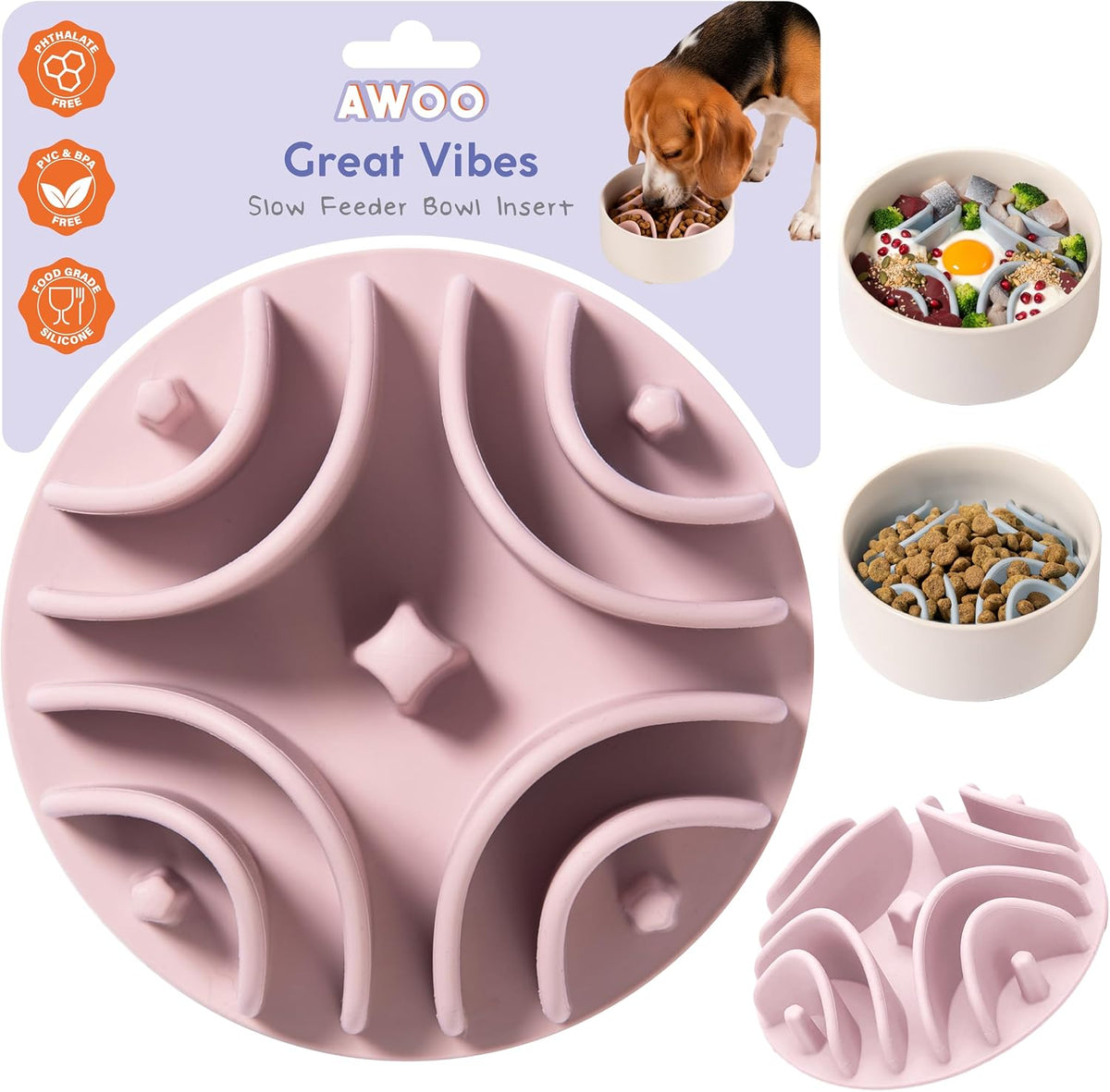 Great Vibes - Silicone Slow Feeder Insert for 6 Inch+ Dog Bowl (Mauve)