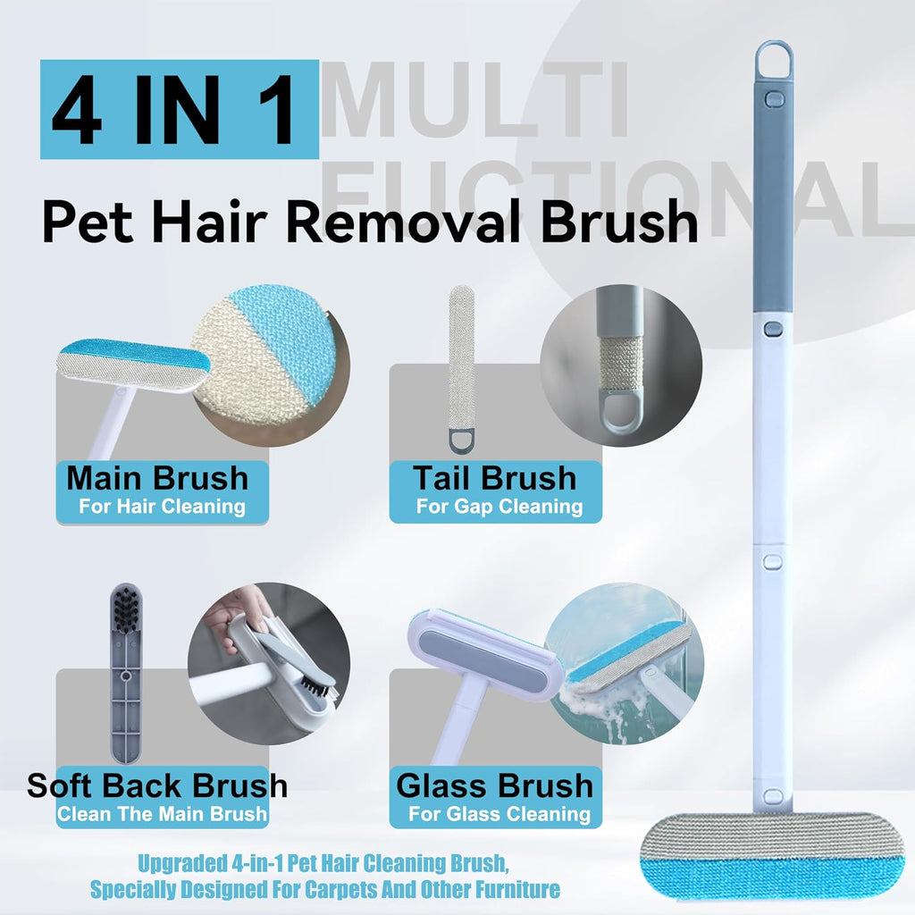 Pet Hair Remover Set, Magic Brush 4-in-1 Extended Handle & Electrostatic Glove for Cat Dog, Carpet Furniture Car Seats
