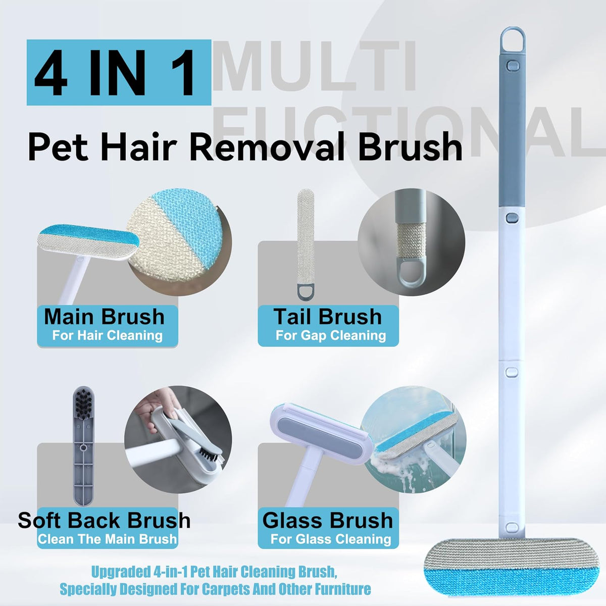 Pet Hair Remover Set, Magic Brush 4-in-1 Extended Handle & Electrostatic Glove for Cat Dog, Carpet Furniture Car Seats