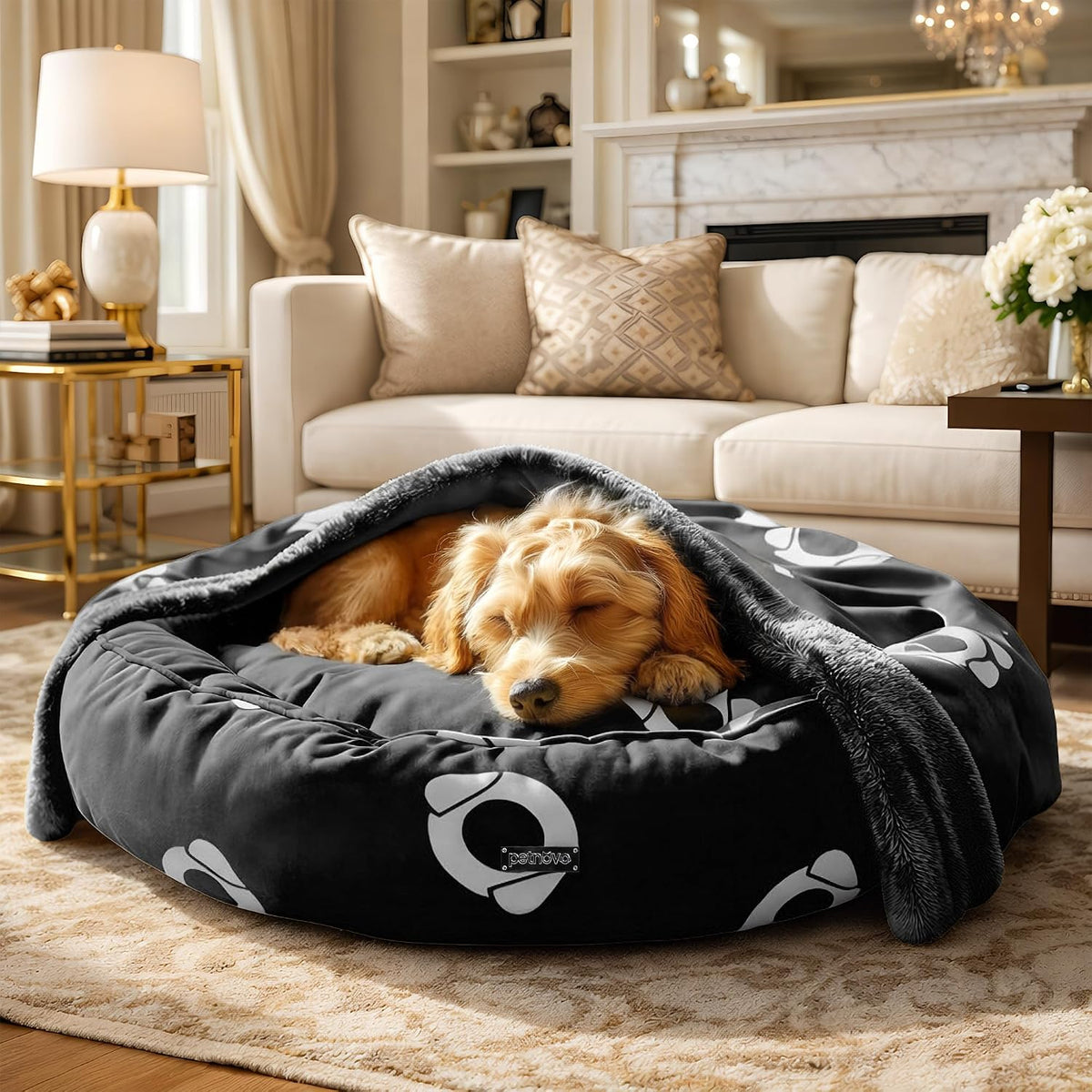 PETNOVO Dog Bed with Reversible Blanket for Cats and Small to Medium Dogs
