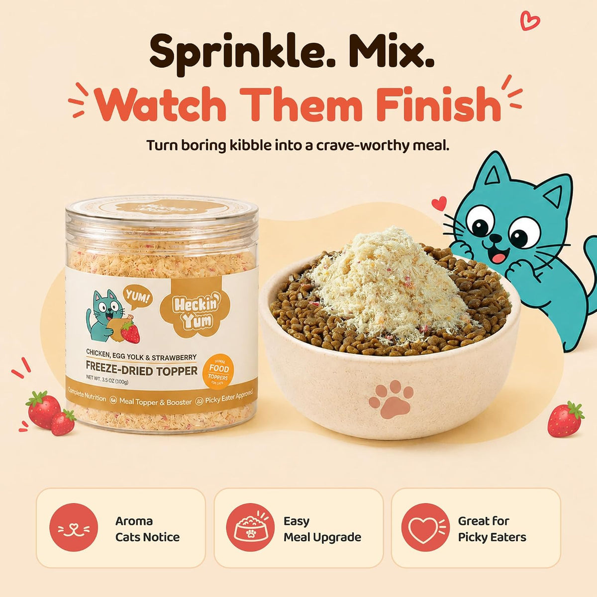 Freeze Dried Cat Food Toppers Treats, Chicken, Egg Yolk & Strawberry 3.5 oz