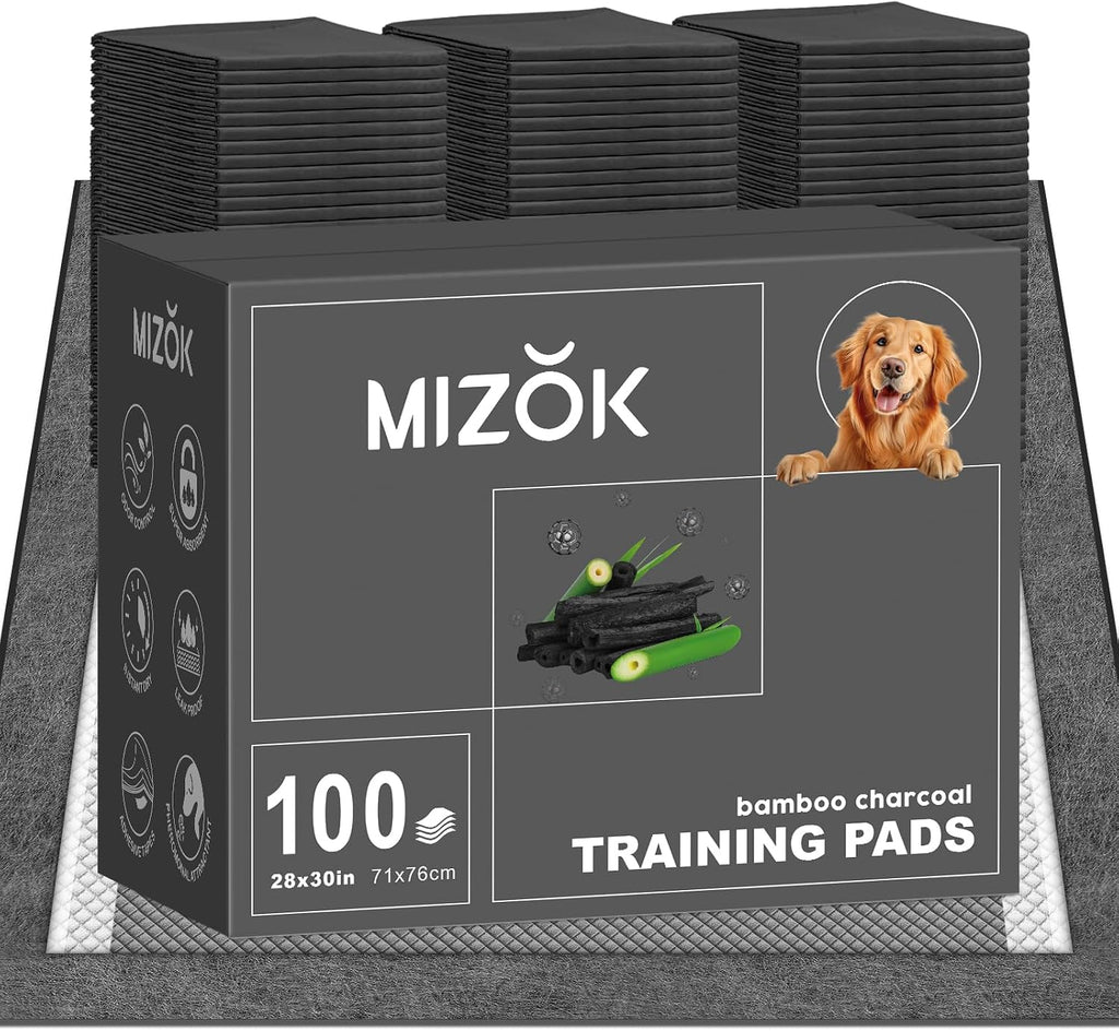 MIZOK Pee Pads for Dogs Charcoal Disposable No Leak Large 28x30in 100Ct | Heavy Duty Carbon Layers, Powerful Odor Eliminator, Extra Thick Dog Pads, Protects Floors from Daily Messes