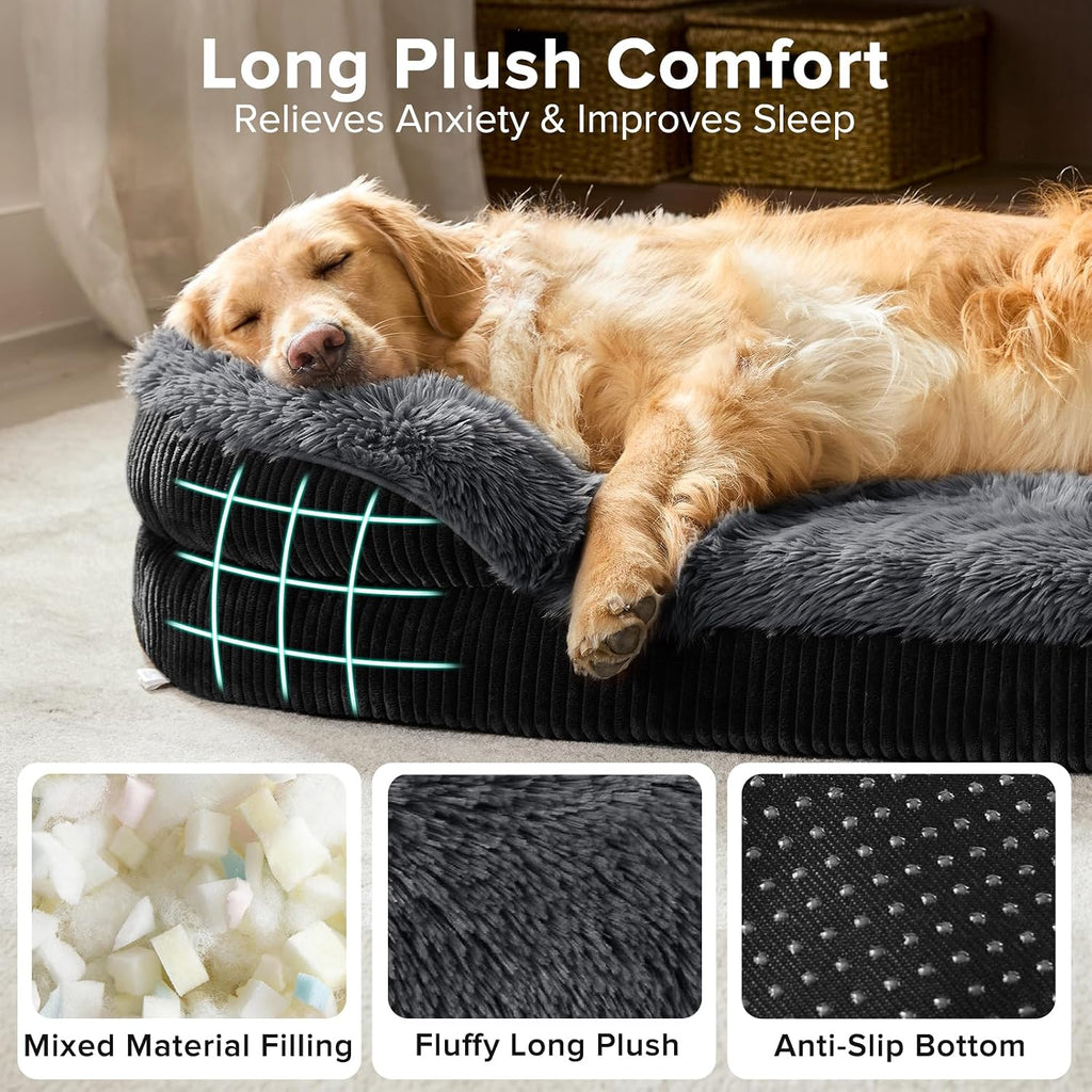 INVENHO Fluffy Orthopedic Dog Bed for Large Dogs, Egg-Crate Foam Bolster Sofa Bed with Washable Removable Waterproof Cover, Fluffy Plush Faux Fur Dog Bed with Non-Skid Bottom