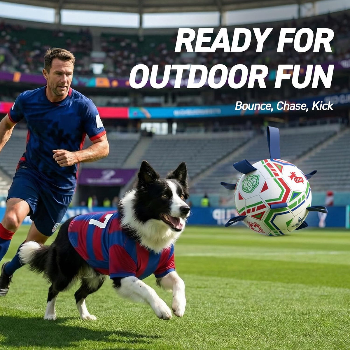 QDAN World Cup Soccer Ball for Dog, Large Herding Ball for 30-90 lbs Dogs | 8 Inch Dog Balls with Straps for Interactive, Tug and Training, Indoor Outdoor Toys for Medium Large Dogs, Water Dog Toy Ball