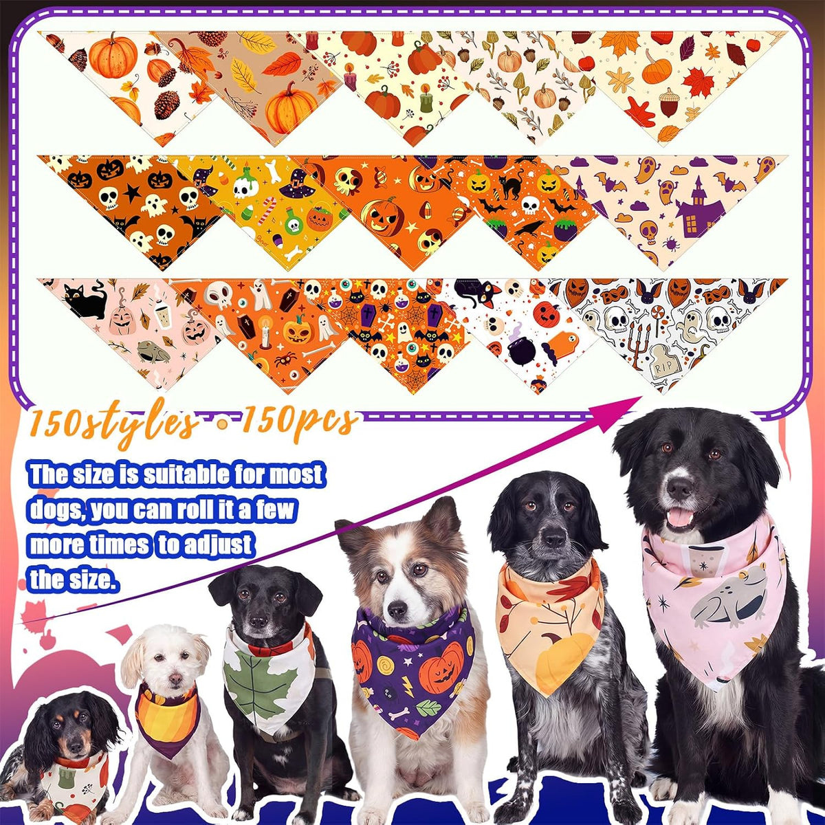 Huhumy 150 Pcs Halloween Dog Bandanas Bulk Bandanas for Medium Large Dogs