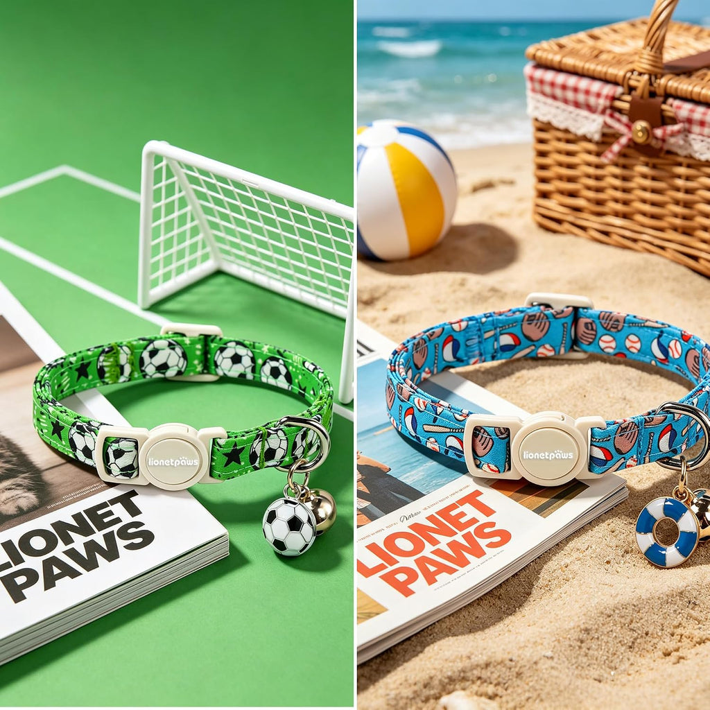 LIONET PAWS 2 Pack Breakaway Cat Collars, Cute Soft Cotton Blue Baseball & Green Soccer Kitten Collars with Bell for Boy Girl Cats