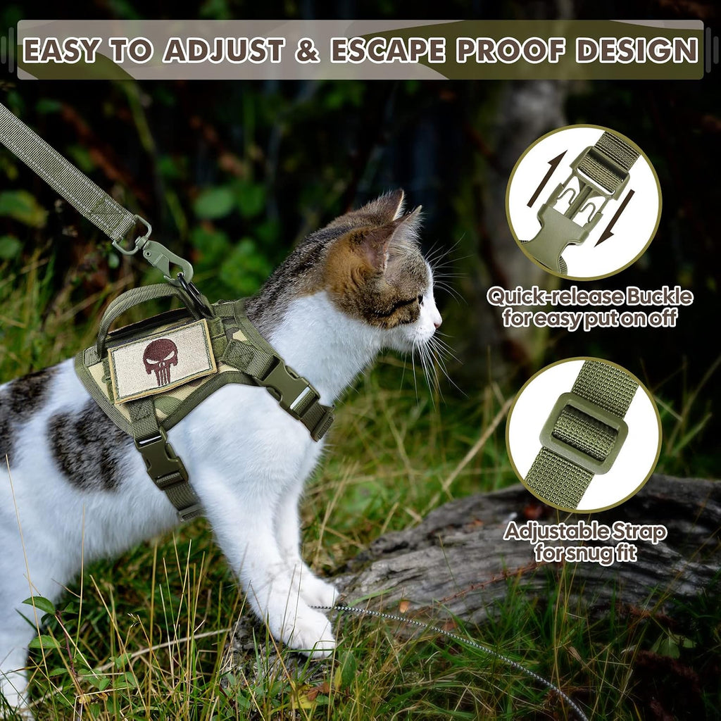 Tactical Cat Harness and Leash, Escape Proof Large Cat Walking Vest,Adjustable Soft Mesh Pet Vest Harness with Control Handle, Molle Patches