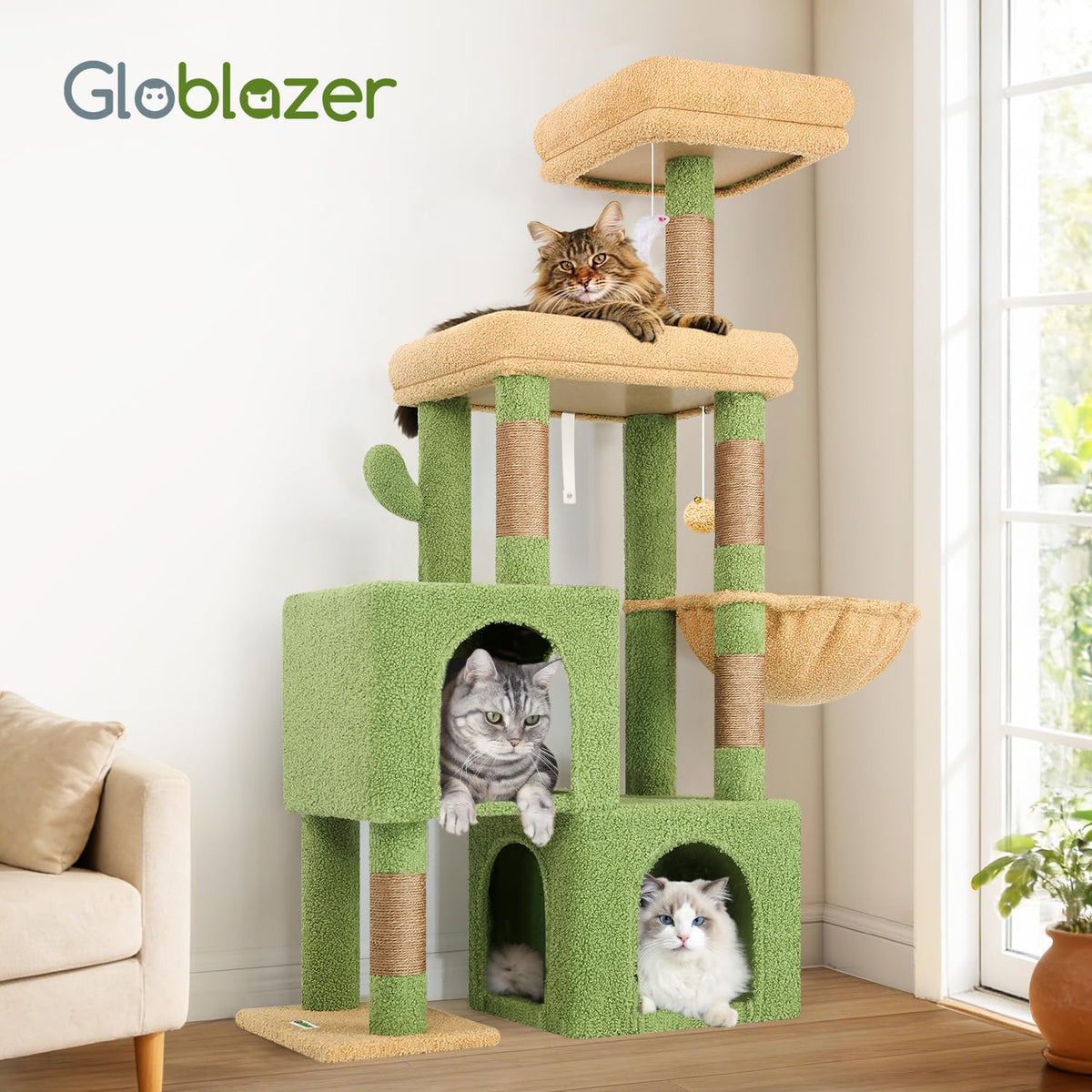 Globlazer 52in Cactus Cat Tree Tower for Indoor Cats, 2 Condos, S52, Green