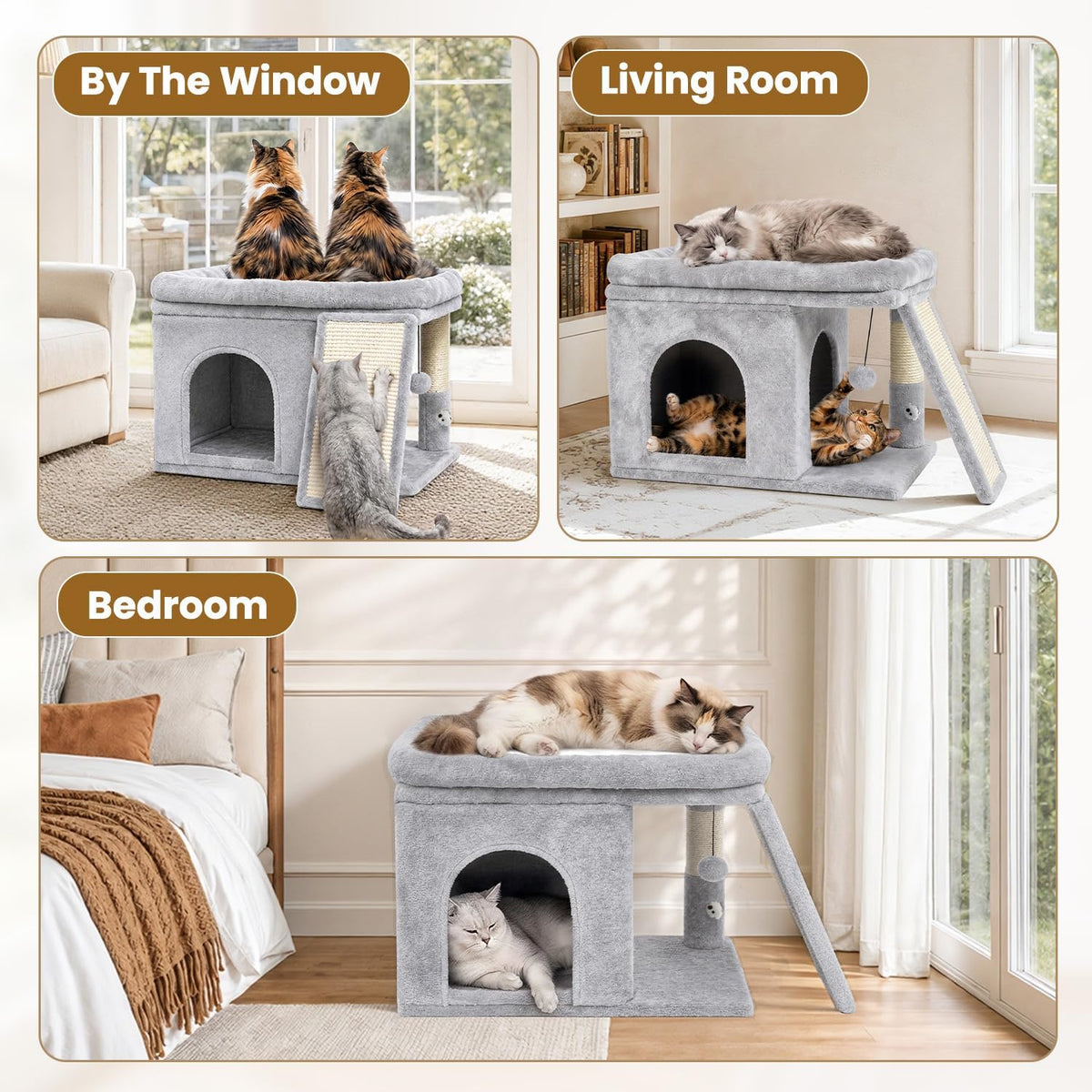 Cat Tree Tower with Scratching Post for Large Kitty, Light Grey