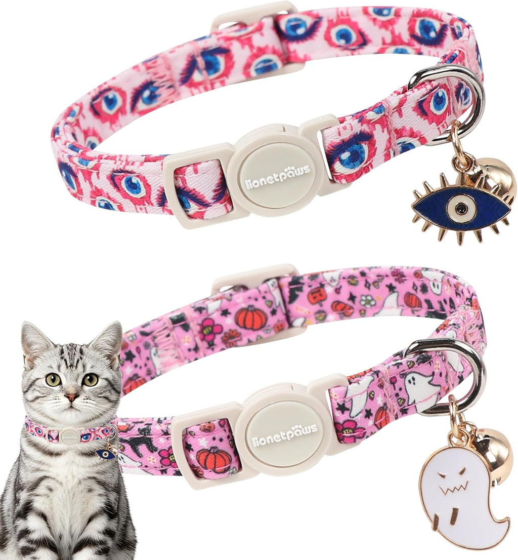 LIONET PAWS 2 Pack Breakaway Cat Collars, Cute Soft Cotton Halloween Pink Ghost Pumpkin & Evil Eye Kitten Collars with Bell & Charm for Boy Girl Cats