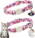LIONET PAWS 2 Pack Breakaway Cat Collars, Cute Soft Cotton Halloween Pink Ghost Pumpkin & Evil Eye Kitten Collars with Bell & Charm for Boy Girl Cats
