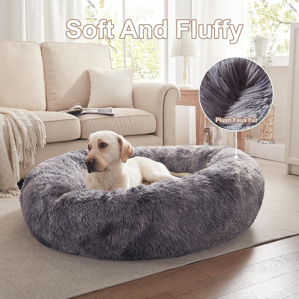 45 in Faux Fur Donut Dog Bed for Extra Large Dogs,Tie-dye Grey