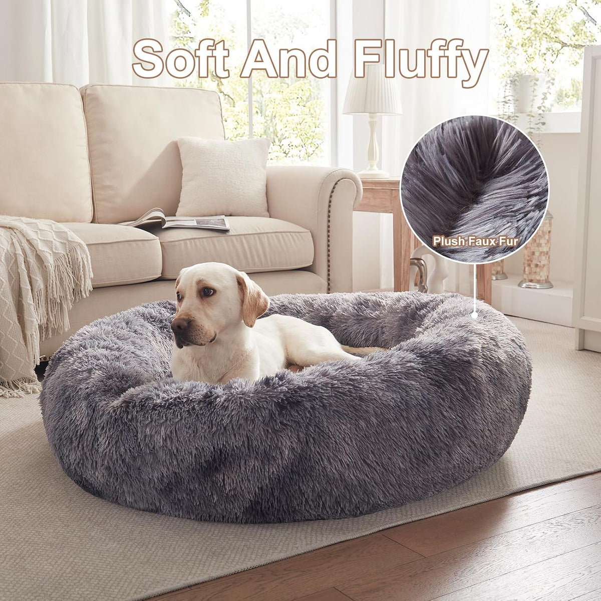 45 in Faux Fur Donut Dog Bed for Extra Large Dogs,Tie-dye Grey