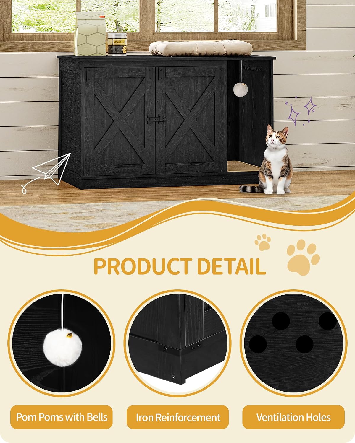 Hzuaneri Cat Litter Box Enclosure, Hidden Litter Box Cabinet Furniture | Indoor Cat House with Bell, Farmhouse Style, 31.5 x 19.7 x 20.9 Inches, for Hallway, Bedroom, Black CB85204X
