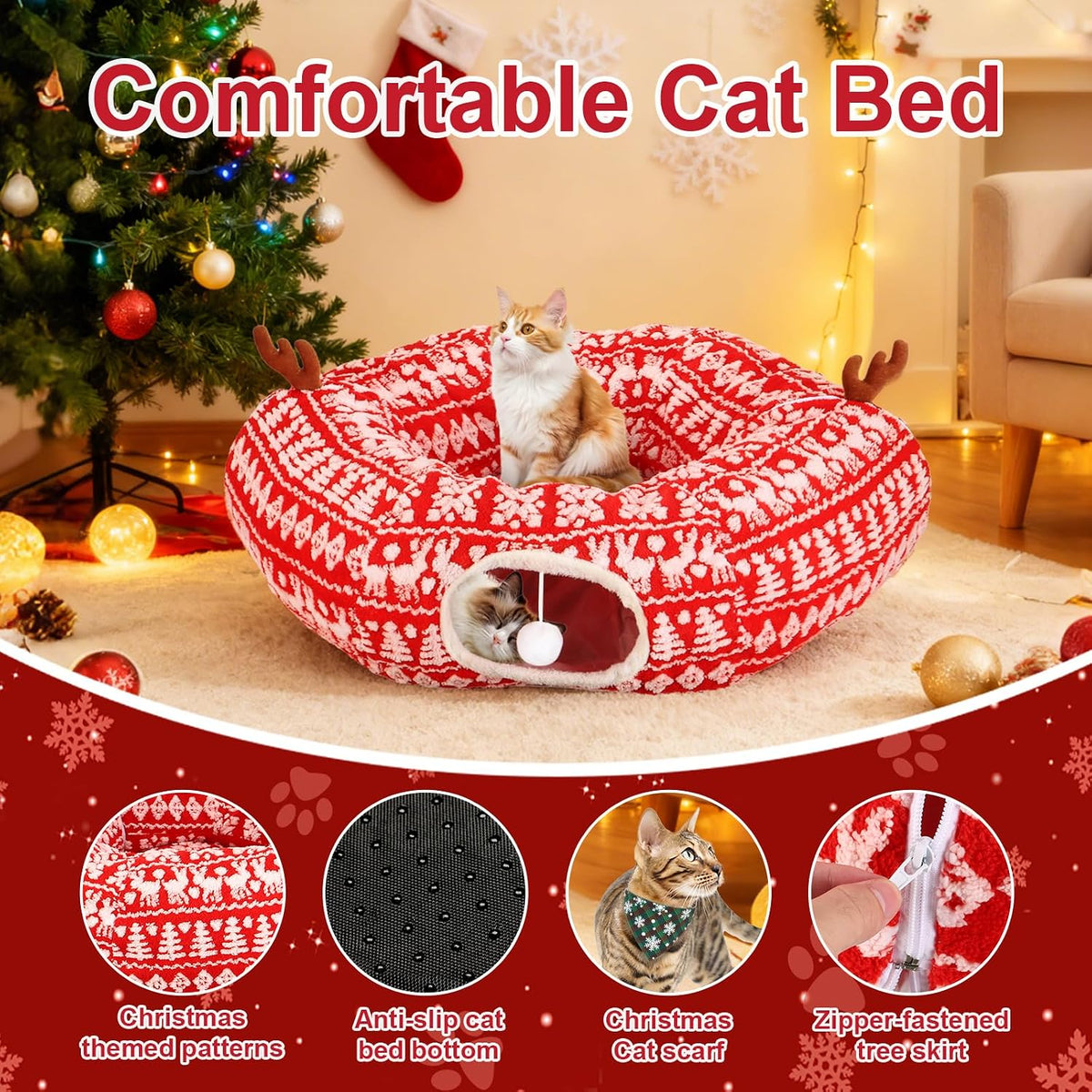 Cat Tunnel Bed Under Christmas Tree 35.4" Festive Circle Cat Tunnel with Feather Toys Adjustable Bibs Foldable Holiday Decorative Pet Cave for Indoor Cats Small Animals Fits Under Tree Skirt