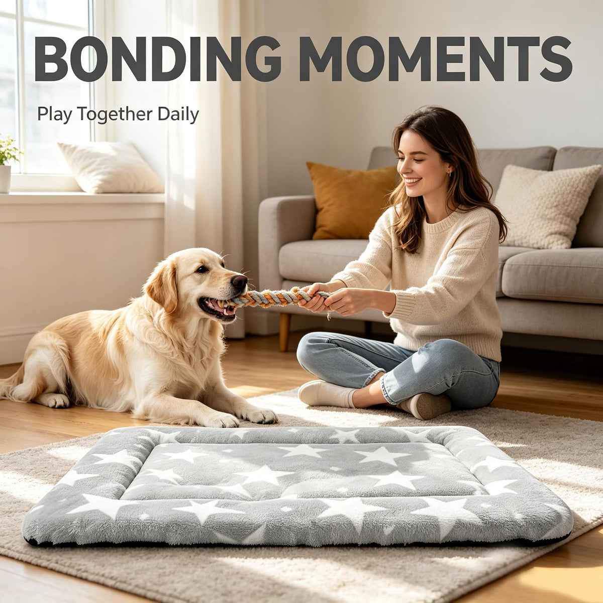 Dog Bed Mat – Soft & Comfortable Dog Kennel Pad for Crate – Durable Crate Bed & Mat for Dogs & Cats – Ideal for Crate, Kennel, and Home Use (Big&Little Stars Grey, L(35"*23"*1.5"))