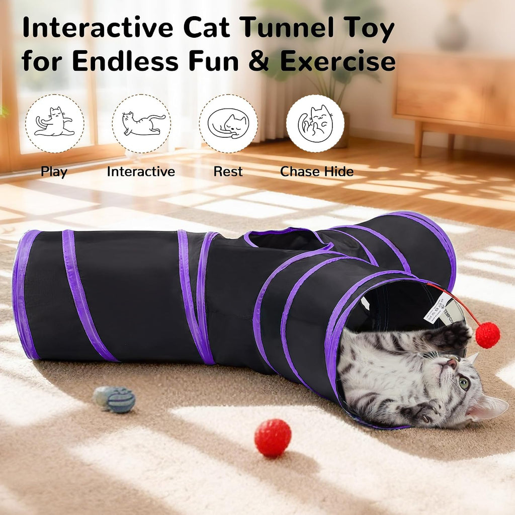 Tempcore Cat Tunnel, 3-Way Collapsible Toy, Large Size Black & Purple | Large Size 3-Way Cat Tunnel Provides More Room for Cats to Run, Hide and Chase, with Peek Holes, Hanging Ball and Teaser Wand