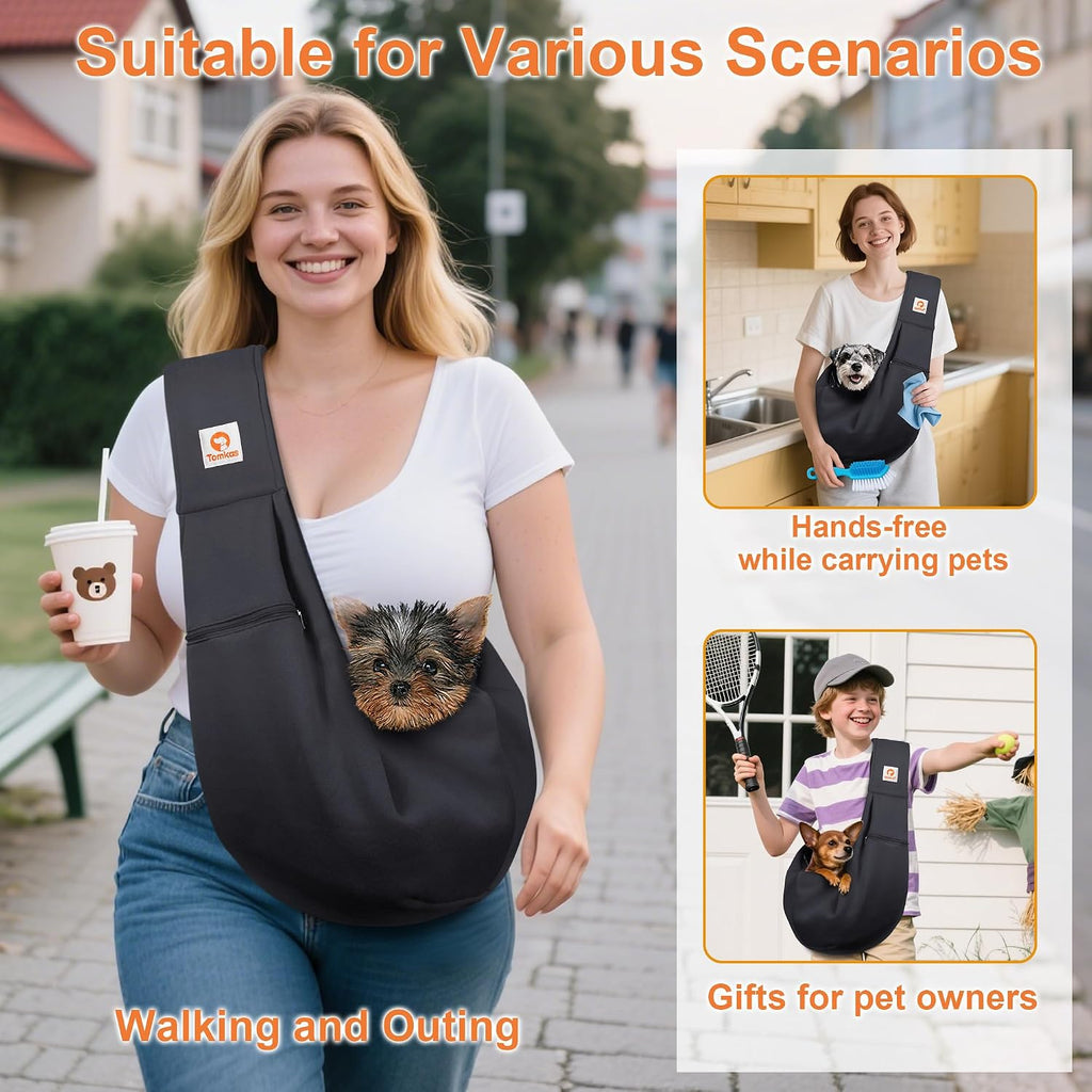 Tomkas Small Dog Cat Sling Carrier Puppy Purse Travel Wrap Soft Crossbody Pet Bag (Black, M - Zip Pocket & Classic Strap)