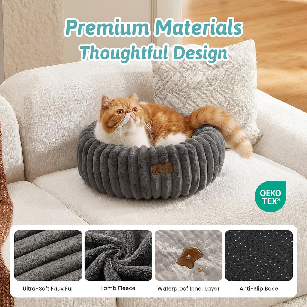 COZY KISS Calming Cat Bed, Donut Kitten Bed, Small Round Dog Bed 23in Grey