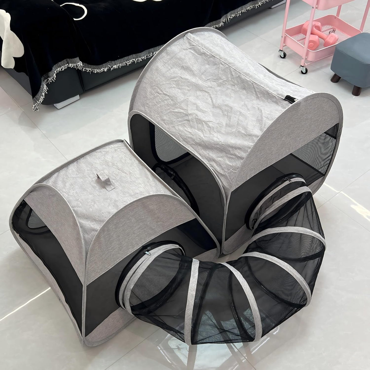 Portable 3-in-1 Cat Playpen, Outdoor Pop-up 2-Room Pet Playpen with Tunnel, Foldable Cat Dog Crate Play Enclosure with Separate Areas for Puppy Kitten and Small Animals Indoor Travel