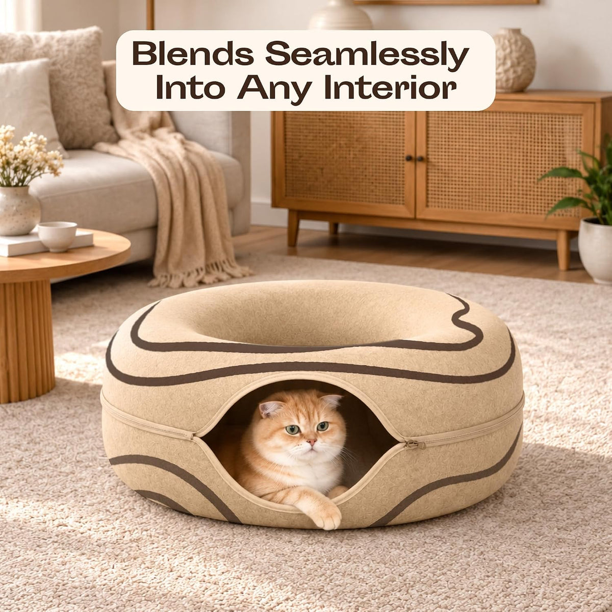 Peekaboo Cat Cave Donut - Cat Tunnel Bed for Indoor Cats – Cute Patterns Hideaway for Multiple & Large Cats, Scratch-Resistant