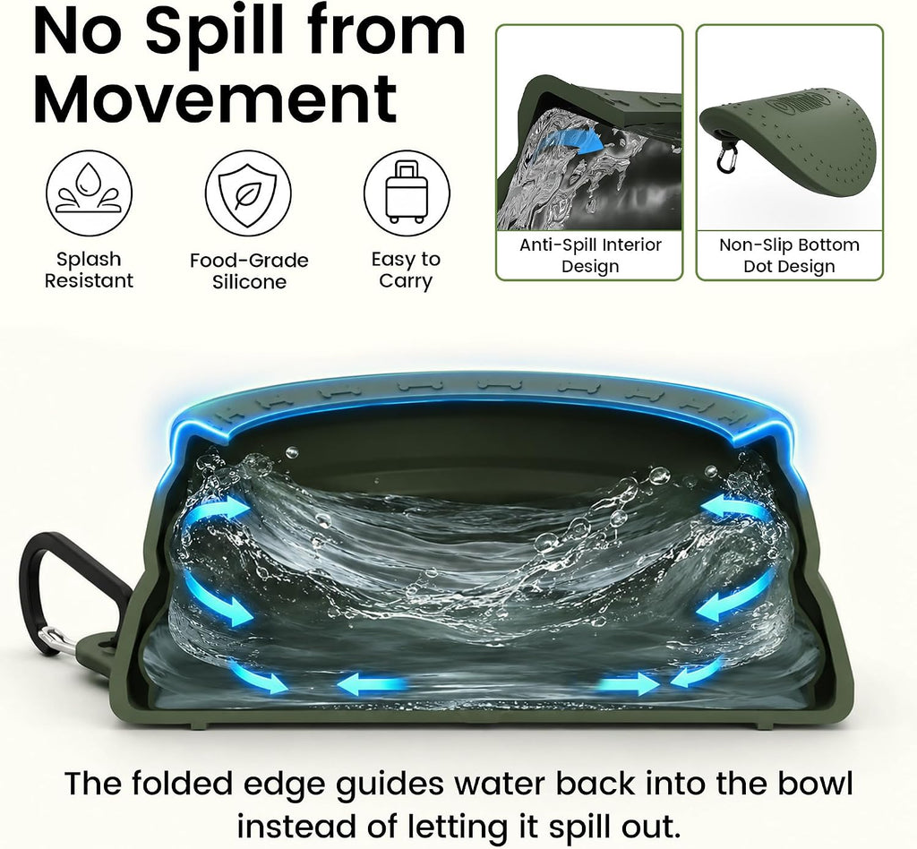 OHMO Spill Proof Collapsible Dog Bowl, 34oz Portable Dog Water Bowl | Low Center Gravity Stability, Tapered Splash Control, Foldable, Dishwasher Safe, Dog Travel Essential, Camo Green