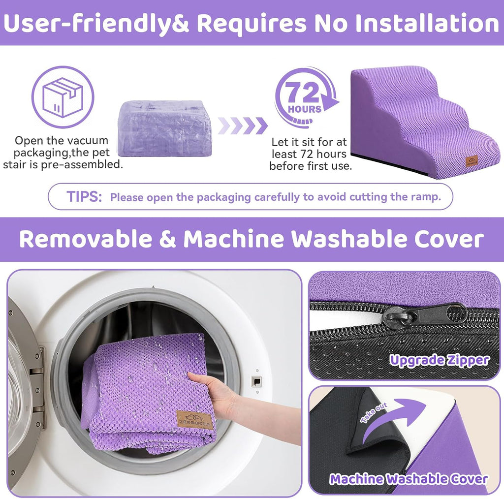 Zerbuger Dog Ramp and Stairs for Bed, Purple 3 Steps 16" H, Nonslip Cover