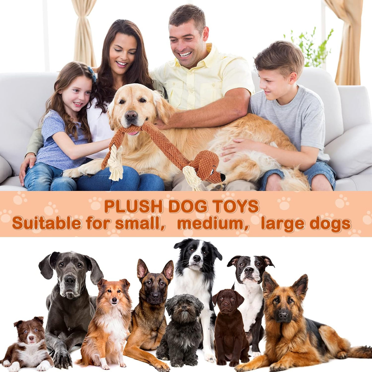 Letsmeet Dog Toys,Squeaky Dog Chew Toy with Crinkle Paper,Interactive Tough Plush Rope Toys for Small Medium Large Dogs with Gift Boxes
