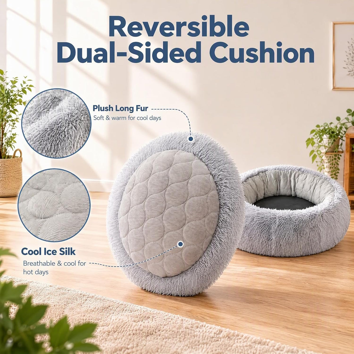 Reversible Donut Cat Bed, Grey Medium 19.7in Cat & Small Dog Nest