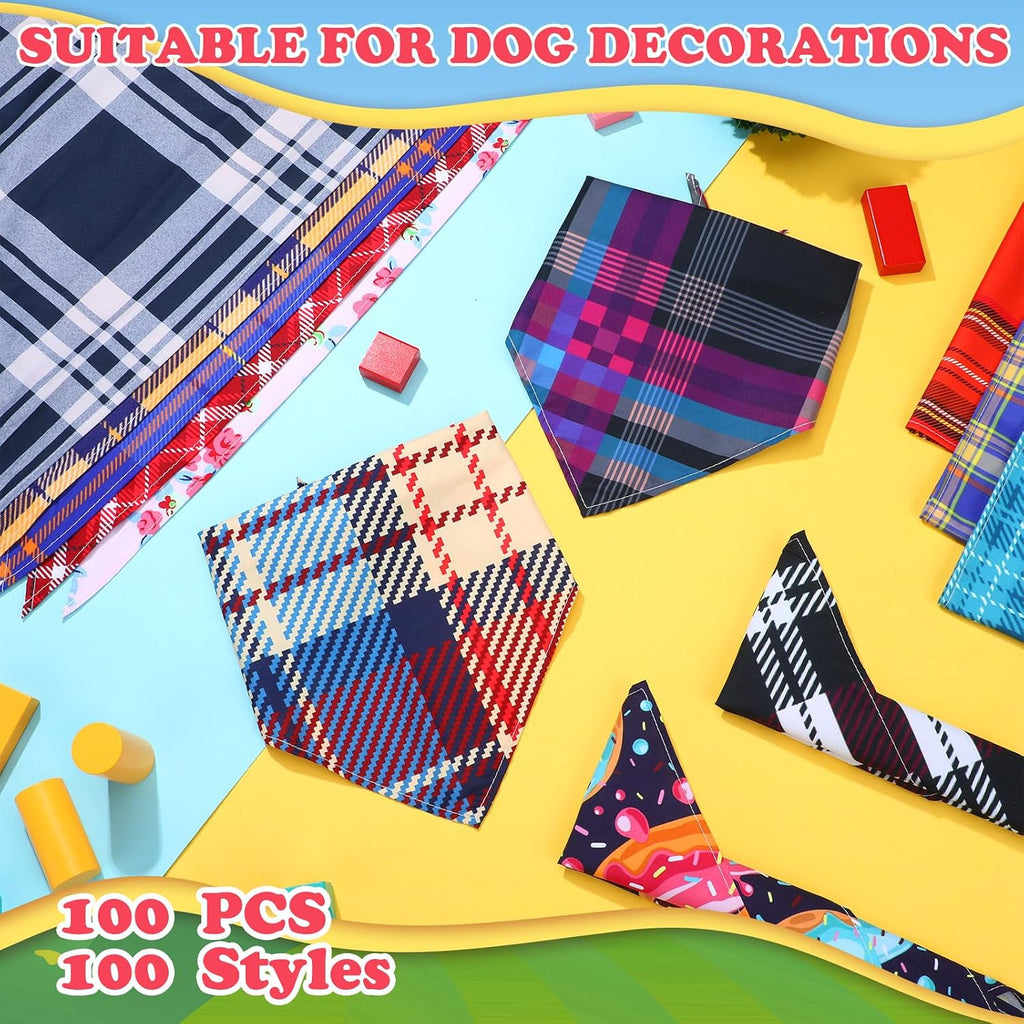 Huhumy 100 Pcs Plaid Dog Bandanas Bulk Plaid Bandana for Medium Large Dogs