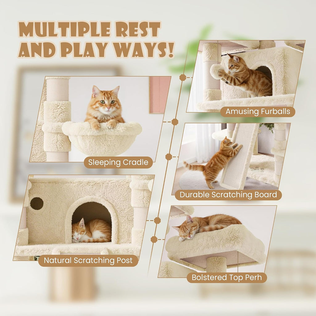 SHA CERLIN 81 Inches Extra Large Cat Tree for Indoor Adult Cats/XXL Big Cat Tower with Condo/Cozy Perches/Sisal Scratching Posts and Hammocks/Activity Center/F80/Heavy Duty/Beige
