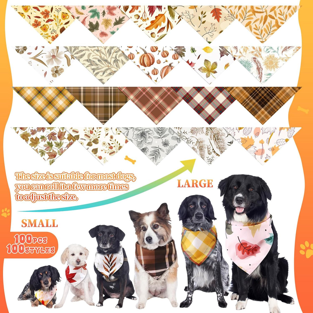 Huhumy 100 Pcs Fall Dog Bandanas Bulk XL Bandanas for Medium Large Dogs