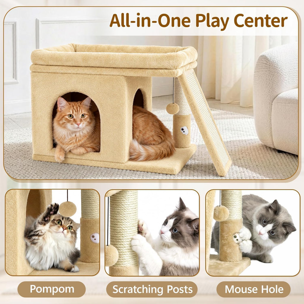 Cat Tree Tower with 15.7x23.6 Perch Bed for Indoor Cats, Beige