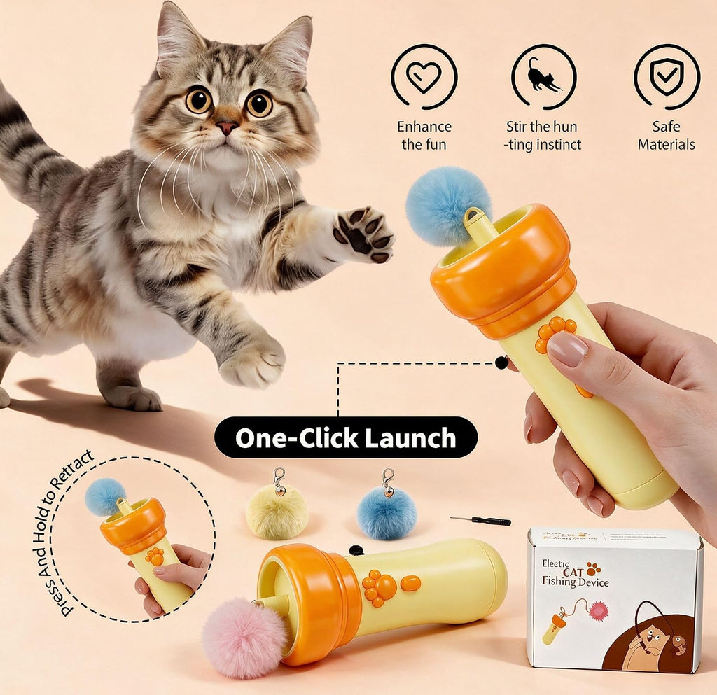 Electric Cat Wand Toy Retractable for Indoor Cats, Kittens Teaser Launcher with Ball & Telescopic Rope Launcher, Electric Interactive Toys for Cats, Relief Enrichment Toys (Orange)