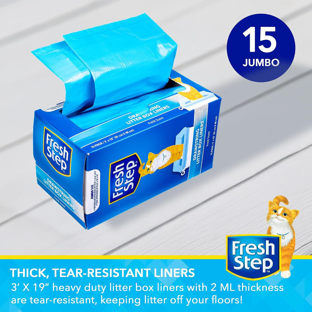 Fresh Step Drawstring Cat Litter Liners, Scented, 3 ft x 19 in, 15 Count | Heavy-duty drawstring design, for extra-large oval or rectangle pans, easy lift-out cleanup, daily use