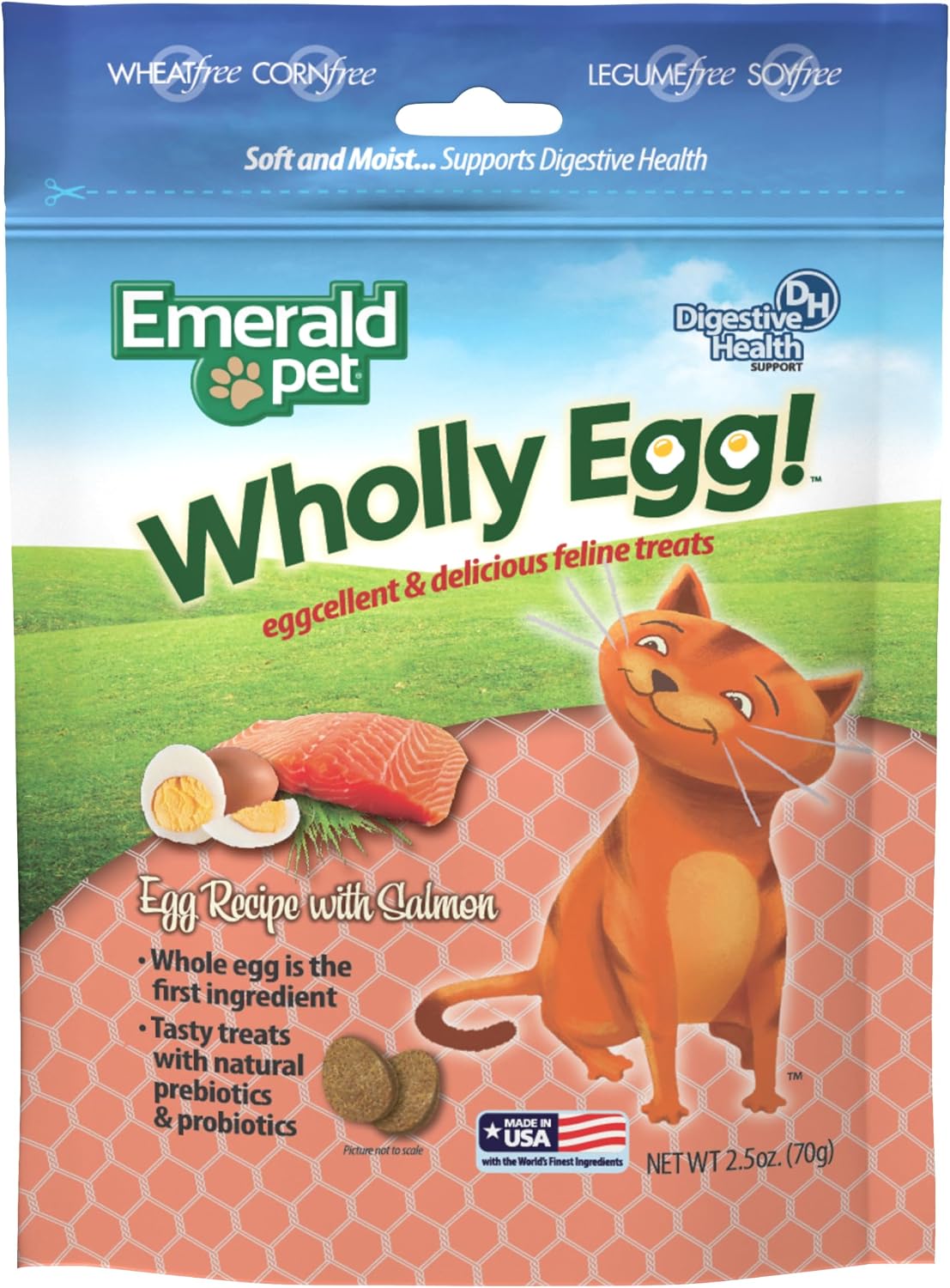 Emerald Pet Wholly Egg Cat Treats for Digestive Health – Soft & Moist Salmon Cat Treats with Natural Prebiotics & Probiotics – Supports Gut Health, 2.5 oz