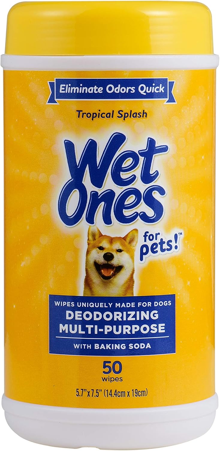 Wet Ones for Pets Deodorizing Dog Wipes, Tropical Splash, 50 Count, 12-Pack | Baking soda formula, multipurpose grooming wipes, resealable canister, for daily deodorizing use, gentle 