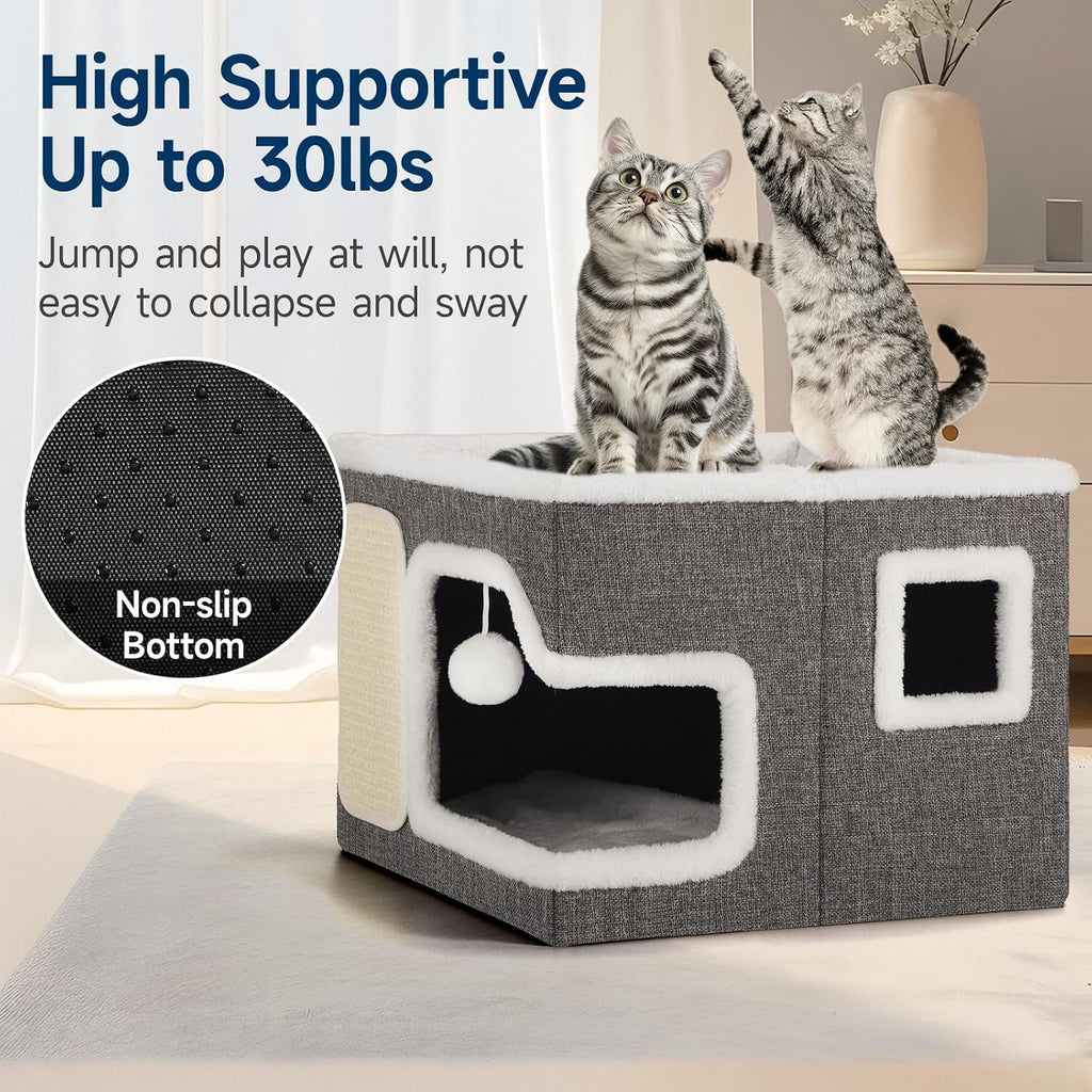 Shikha Cat Bed House for Indoor Cats with Fluffy Ball and Scratch Pad Grey