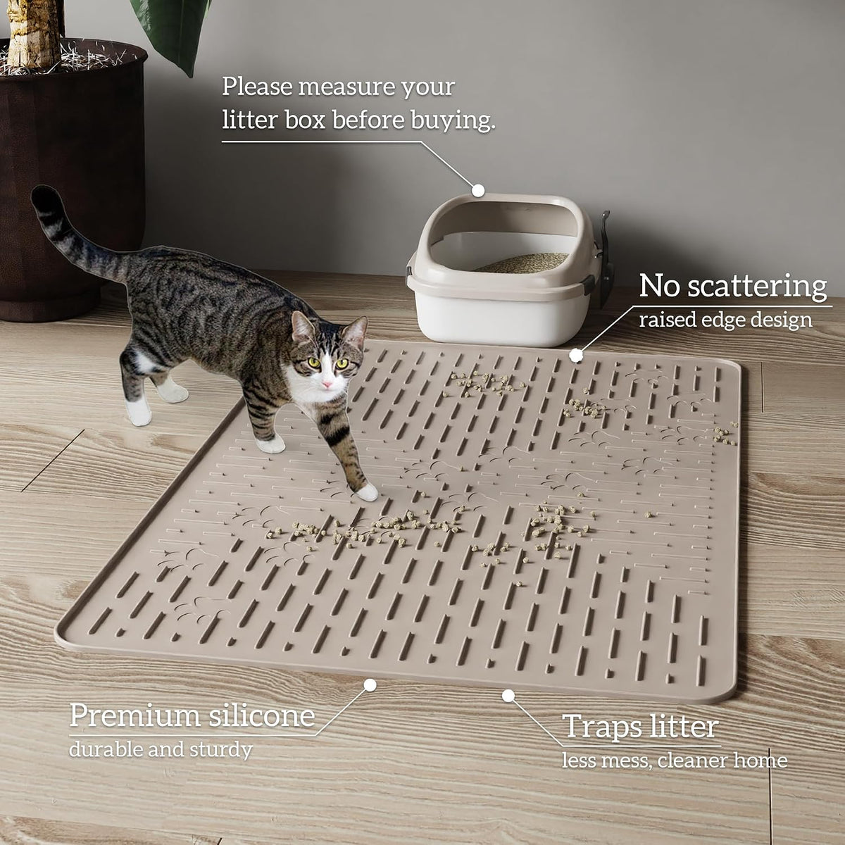 OHMO XL Cat Litter Mat, 37.5x25.2 Silicone Trapping Mat Beige | for Kitty Litter Box, Easy Clean, BPA Free Rubber, Center Litter Collection, Easy Pour-Back, Waterproof, Odor-Resistant