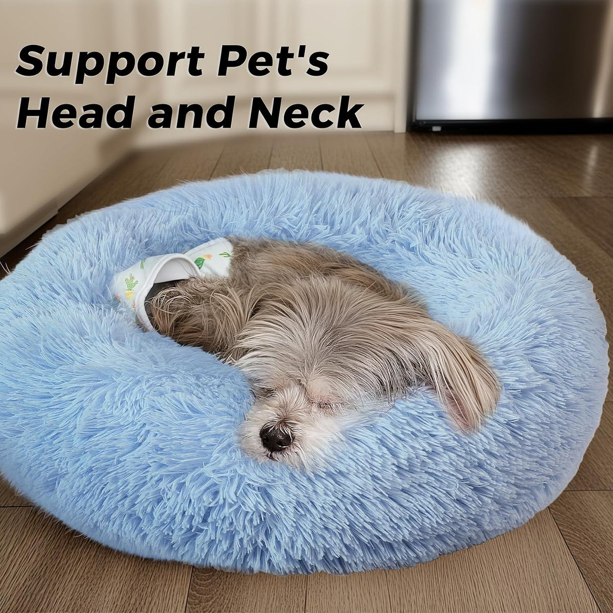 Calming Round Dog Bed & Cat Bed for Indoor Cats, Medium Size Washable Anti-Slip Anti-Anxiety Donut Dog Beds for Small Dogs & Cats, Fluffy Plush Soft Dog Bed(20 Inch, Light Blue)