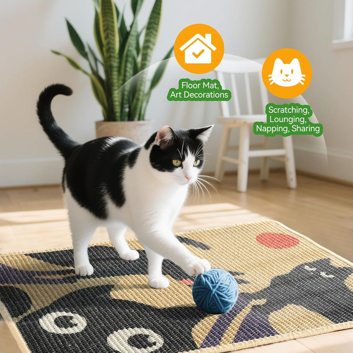3-in-1 Sisal Cat Scratcher Mat Floor & Wall Cat Scratching Pad 23.6x15.7''