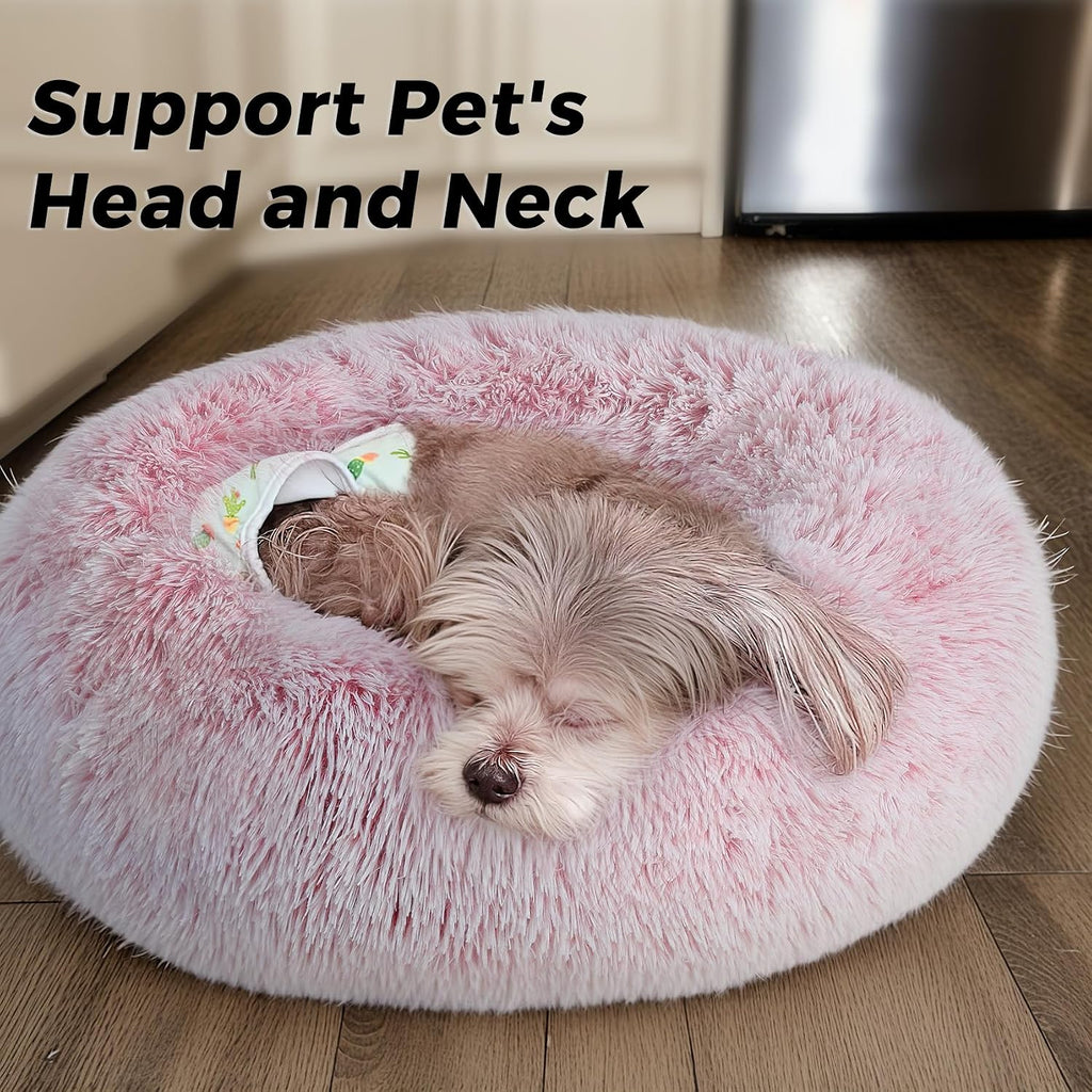 Calming Round Dog Bed & Cat Bed with Anti-Slip Bottom, Medium Size Washable Anti-Anxiety Donut Dog Beds for Small Dogs & Cats, Fluffy Plush Soft Dog Bed(24 Inch, Pink)